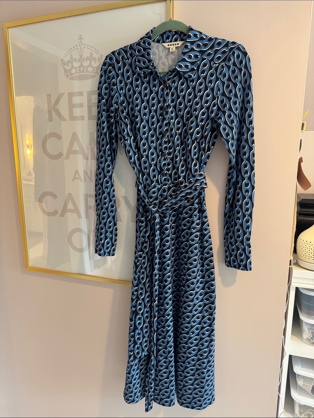 Boden Navy and Light Blue Long-Sleeve Wrap Dress